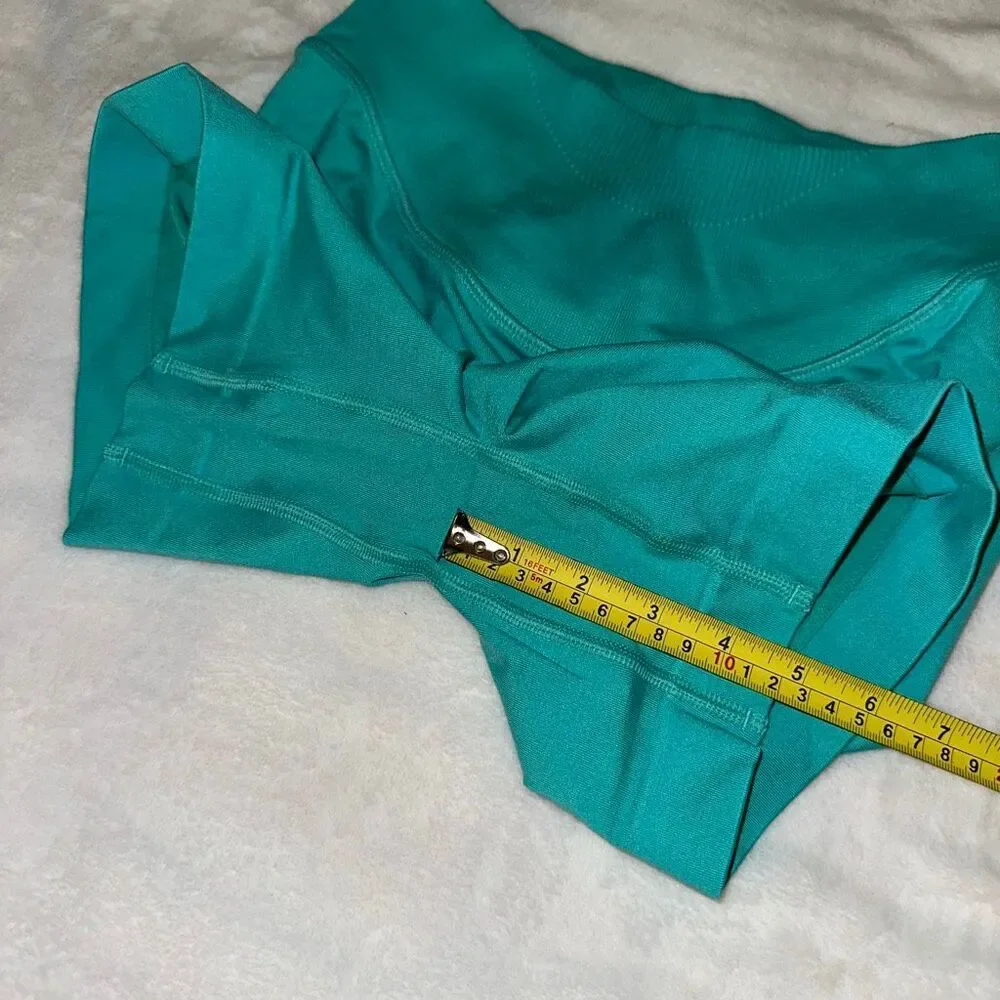 Gymshark Women’s Small High Rise Bike Shorts Teal Blue White Graphic Logo EUC